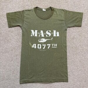 Vtg MASH 4077th Shirt Mens Small Green Helicopter Military TV Promo 1981 USA Tee